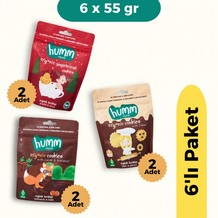 Humm Organik Kurabiye 6lı Set (Keçiboynuzlu ve Fındıklı & Zencefilli ve Tarçınlı & Tahinli ve Pekmezli)