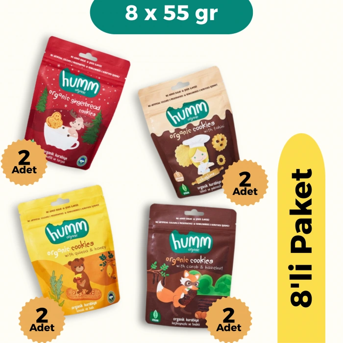 Humm Organik Kurabiye 8li Set (Ballı ve Kinoalı & Keçiboynuzlu ve Fındıklı & Zencefilli ve Tarçınlı & Tahinli ve Pekmezli)