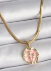 316L Çelik Gold Renk İtalyan Zincir Pembe Çiçek Madalyon Model Kadın Kolye