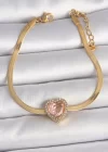 316L Çelik Gold Renk İtalyan Zincir Pembe Zirkon Taşlı Kalp Model Kadın Bileklik
