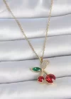316L Çelik Gold Renk Kırmızı Zirkon Taşlı Kiraz Model Kadın Kolye