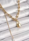 316L Çelik Gold Renk Tiffany Zincir Model Kilit Figür Sallantı İnci Detay Kadın Kolye