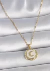 316L Çelik Gold Renk Zincir Beyaz Mineli Hilal İşlemeli Madalyon Model Kadın Kolye
