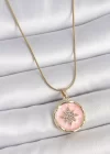 316L Çelik Gold Renk Zincir Pembe Mineli Zirkon Taşlı Kuzey Yıldız İşlemeli Madalyon Model Kadın Kolye