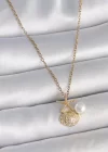 316L Çelik Gold Renk Zincir Zirkon Taşlı Deniz Kabuğu Model İnci Detay Kadın Kolye