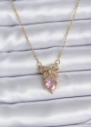 316L Çelik Gold Zincir Pembe Kristal Kalp Model Zirkon Taşlı Kurdele Model Kadın Kolye