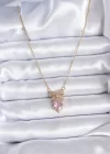 316L Çelik Gold Zincir Pembe Kristal Kalp Model Zirkon Taşlı Kurdele Model Kadın Kolye