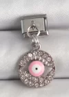 316L Çelik Gümüş Renk Sallantı Zirkon Taşlı Pembe Göz Model Nomination Charm