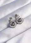 316L Çelik Gümüş Renk Zirkon Taşlı İç İçe Geçmeli Oval Küpe