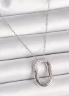 316L Çelik Gümüş Renk Zirkon Taşlı Oval Model Kadın Kolye