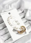 316L Çelik Halka Figürlü Ve Zirkon Taşlı Gold Renk 7li Çift Kadın Küpe Set