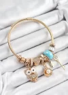 316L Çelik Mavi Zirkon Taşlı Baykuş İstiridye Ve Anahtar Model Gold Renk Charm Bileklik