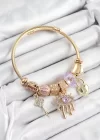 316L Çelik Mor Zirkon Taşlı Kilit Göz Ve Anahtar Model Gold Renk Charm Bileklik