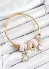 316L Çelik Pembe Zirkon Taşlı Ayıcık Ve Kalp Model Gold Renk Charm Bileklik