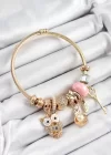 316L Çelik Pembe Zirkon Taşlı Baykuş İstiridye Ve Anahtar Model Gold Renk Charm Bileklik