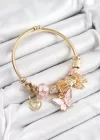 316L Çelik Pembe Zirkon Taşlı Kelebek Fiyonk Ve Kilit Model Gold Renk Charm Bileklik