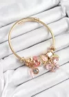 316L Çelik Pembe Zirkon Taşlı Kelebek Model Gold Renk Charm Bileklik
