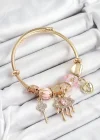 316L Çelik Pembe Zirkon Taşlı Kilit Göz Ve Anahtar Model Gold Renk Charm Bileklik