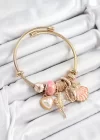 316L Çelik Pembe Zirkon Taşlı Yıldız Melek İstiridye Ve Kalp Model Gold Renk Charm Bileklik