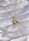 316L Çelik Zincir Gold Renk Peri Figürlü Zirkon Taşlı Ay Tasarımlı Kolye