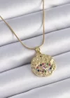 316L Çelik Zincir Gold Renk Zirkon Taşlı Göz İşlemeli Madalyon Model Kadın Kolye