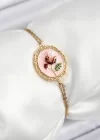 316L Çelik Zincir Pembe Mineli Sanatsal Portre İnci Detaylı Lale Model Gold Renk Kadın Bileklik