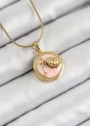 316L Çelik Zincir Pembe Mineli Sanatsal Portre İstiridye Model Gold Renk Kadın Kolye