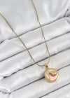 316L Çelik Zincir Pembe Mineli Sanatsal Portre İstiridye Model Gold Renk Kadın Kolye