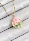 316L Çelik Zincir Zirkon Taşlı Pembe Sanatsal Portre Gül Figürlü Beşgen Model Gold Renk Kadın Kolye