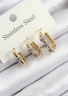 316L Çelik Zirkon Taşlı Dikdörtgen Model Gold Renk 3lü Set Kadın Küpe