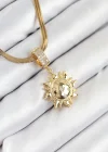 316L Çelik Zirkon Taşlı Güneş Model Gold Renk Kadın Kolye