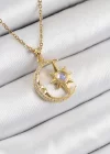 316L Çelik Zirkon Taşlı Kutup Yıldızlı Hilal Model Gold Renk Kadın Kolye