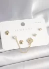 925 Ayar Gümüş Çivi Pirinç Gold Renk Zirkon Taşlı Yonca Model Sallantı Zincir Detay Kadın Küpe Seti