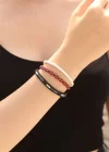Bordo Renk Desenli Tasarımlı Taşlı Beyaz Örgü Model Kadın Deri Bileklik