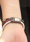 Bordo Renk Desenli Tasarımlı Taşlı Beyaz Örgü Model Kadın Deri Bileklik