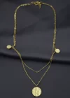 Çelik Gold Renk Desenli Oval Model Çift Zincir Tasarımlı Kadın Kolye