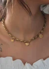 Çelik Gold Renk Kalın Zincir Model Kalp Figür Kadın Kolye