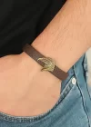 Eskitme Renk Metal Kartal Aksesuarlı Kahverengi Deri Erkek Bileklik
