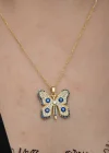 Gümüş Gold Nazarlı Kelebek Kadın Kolye