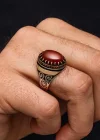 Gümüş Kırmızı Akik Taşlı Desenli Erkek Yüzük