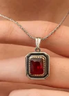 Gümüş Kırmızı Taşlı Dikdörtgen Kadın Kolye