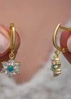 Gümüş Mavi Taşlı Gold Çiçek Kadın Küpe