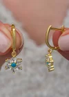 Gümüş Mavi Taşlı Gold Çiçek Kadın Küpe