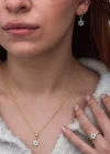 Gümüş Mavi Taşlı Gold Çiçek Kadın Set