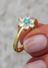 Gümüş Mavi Taşlı Gold Çiçek Kadın Set