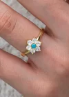 Gümüş Mavi Taşlı Gold Çiçek Kadın Yüzük