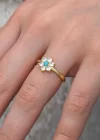 Gümüş Mavi Taşlı Gold Çiçek Kadın Yüzük