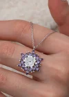 Gümüş Mor Lotus Desenli Çiçek Kadın Kolye