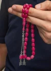 Gümüş Püsküllü Pembe Sıkma Kehribar Tesbih