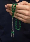 Gümüş Püsküllü Yeşil Ateş Kehribar Tesbih